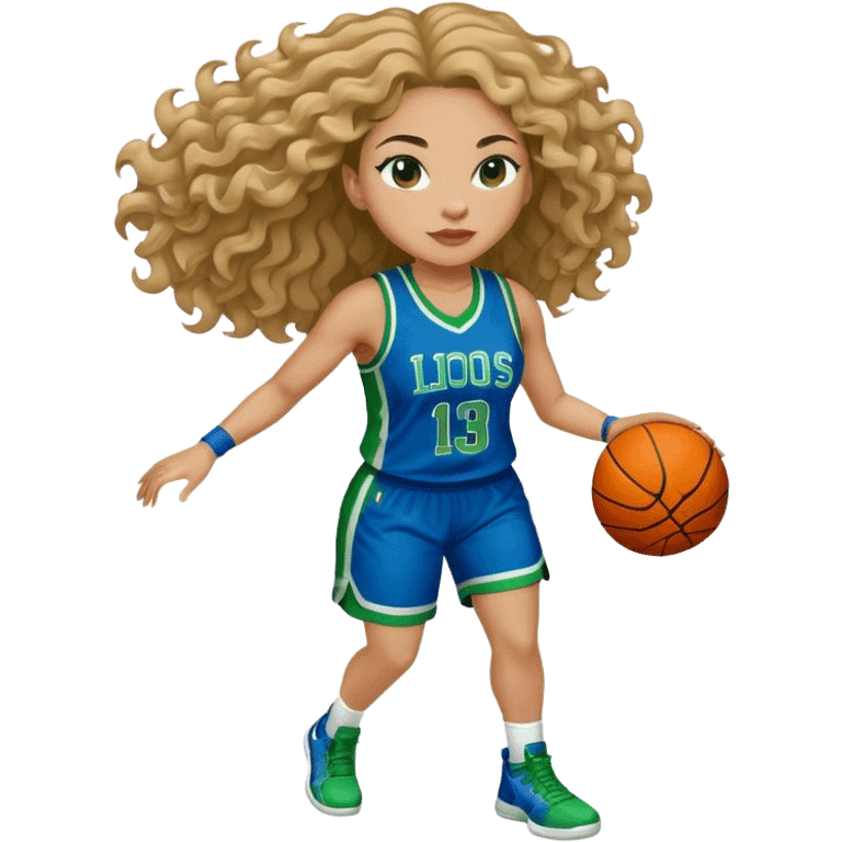 full figure light latino women basketball player with wavy hair wearing blue and green uniform emoji