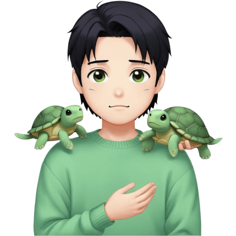 Gorgeous pastel green sweater black hair anime style shojo guy with blushing face and, turtle, aesthetic, trending style outside  emoji