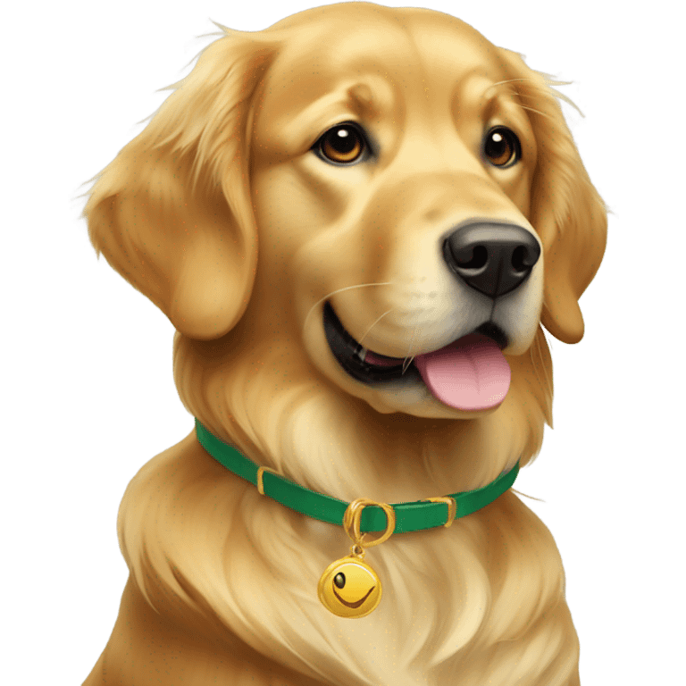 female golden retriever wearing a sage green and gold collar emoji