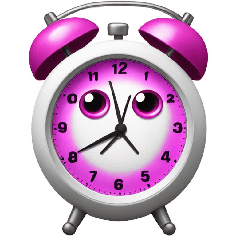 A fucsia alarm clock with eyes and a white dial emoji