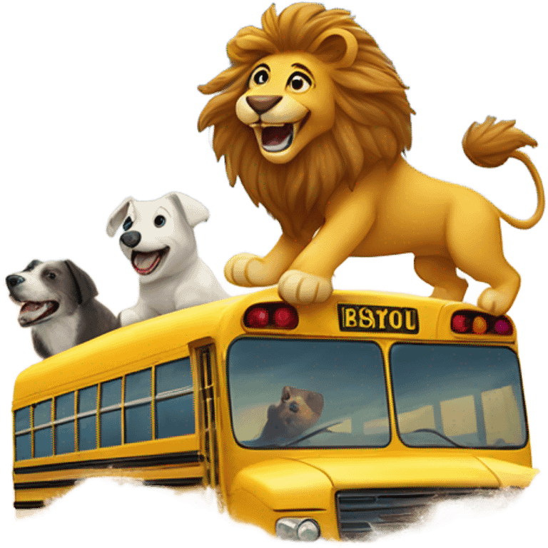 Lion and dog surfing on a school bus  emoji