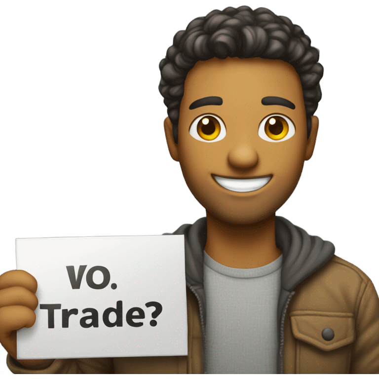 smiling male portrait indoors holding a sign that says “Trades?” emoji