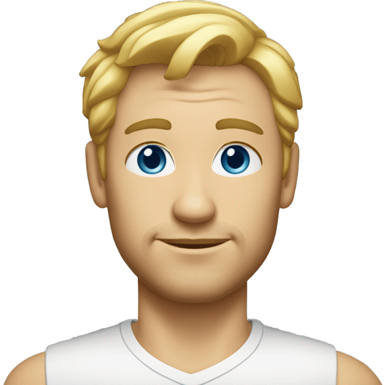 40-year-old man, professionally dressed without a tie, blonde with very short wavy hair, with an almost invisible beard and blue eyes. emoji