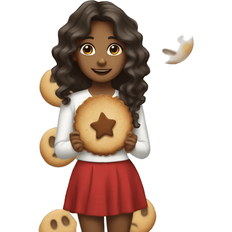 Tan girl with dark brown long wavy hair holding a Christmas cookie emoji