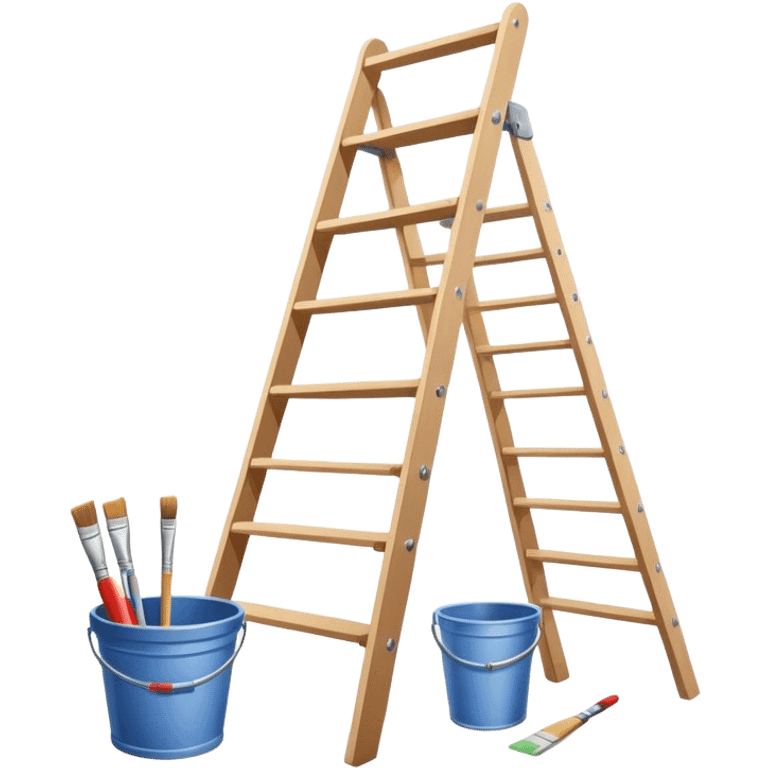 Wall painting icon, wall with an unfinished painting, no frame, a beautiful mural in progress, visible paintbrushes, rollers, and a bucket of paint, wooden ladder beside, minimalistic style, clean lines, transparent background. emoji