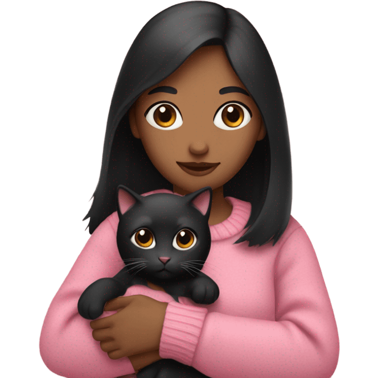 A girl with black hair holding a cat with a pink sweater emoji