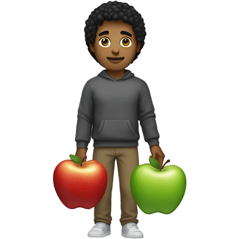 Man with tan skin black hair wearing sweatshirt holding Apple bag emoji