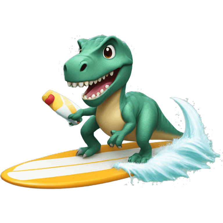 dinosaur riding a surfing board drinking boba emoji