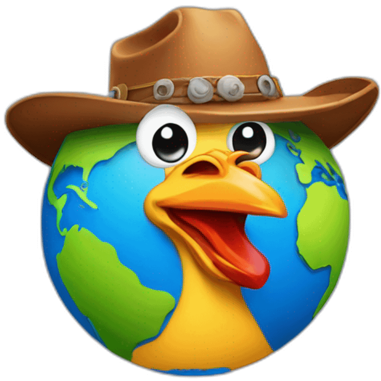 planet Earth with a cartoon cowboy hat and happy chicken face emoji