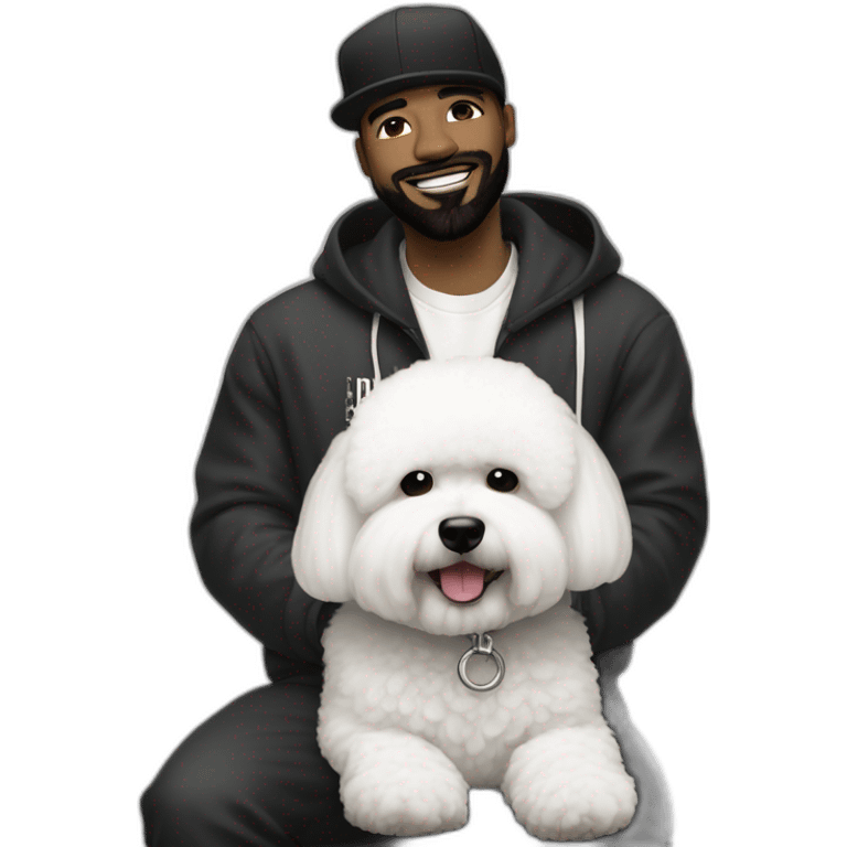 rapper-with hoop-white skin-black hair-beard-bichon dog-white-smile emoji