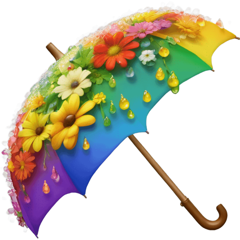 Rainbow umbrella made of flowers with dew drops dripping off and a large handle  emoji