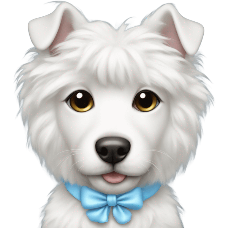 cute white furry dog with baby blue bow in hair and silver chain collar  emoji