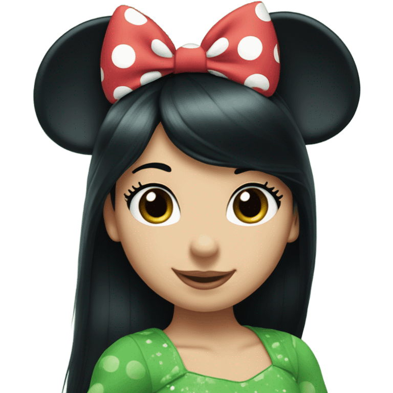 Minnie Mouse long black hair and green Minnie Mouse ears emoji