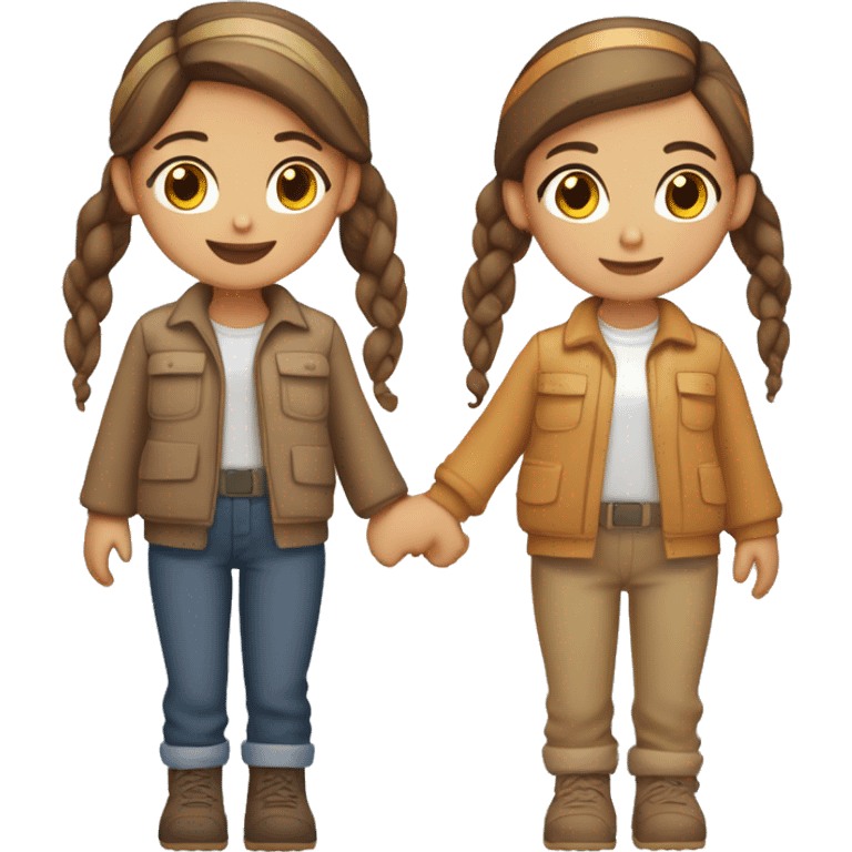 Two girls, holding hands, one with brown hair in a low bun and tan skin wearing a tradie outfit and one with thick caramel hair  light tan skin wearing a cute outfit emoji