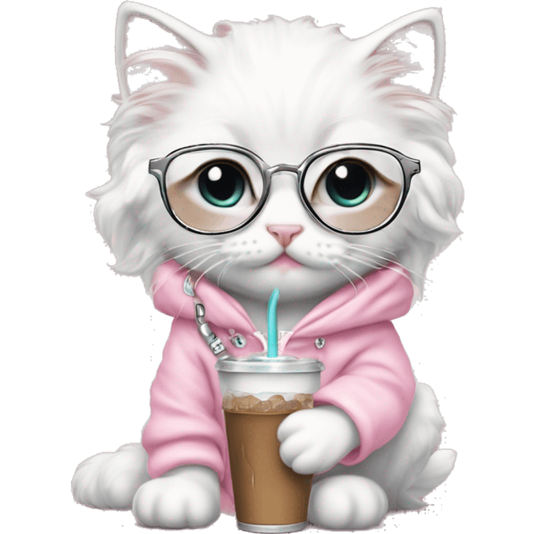 White rag doll kitten wearing a fancy light pink hoodie and diamond filled stethoscope necklace and wearing white glasses and holding iced coffee  emoji