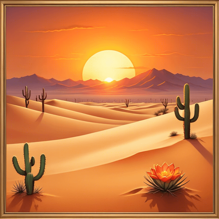 Cinematic Realistic Desert Emoji in a frame, Expansive and arid, with vast stretches of golden sand dunes and scattered cacti, the sun casting a warm, almost orange glow over the dry, cracked earth. The horizon blurs into a heat shimmer, while the occasional desert flower adds a splash of color to the barren landscape. Soft glowing outline, capturing the essence of the harsh yet stunning beauty of the desert, calm and quiet, filled with silence and mystery. emoji