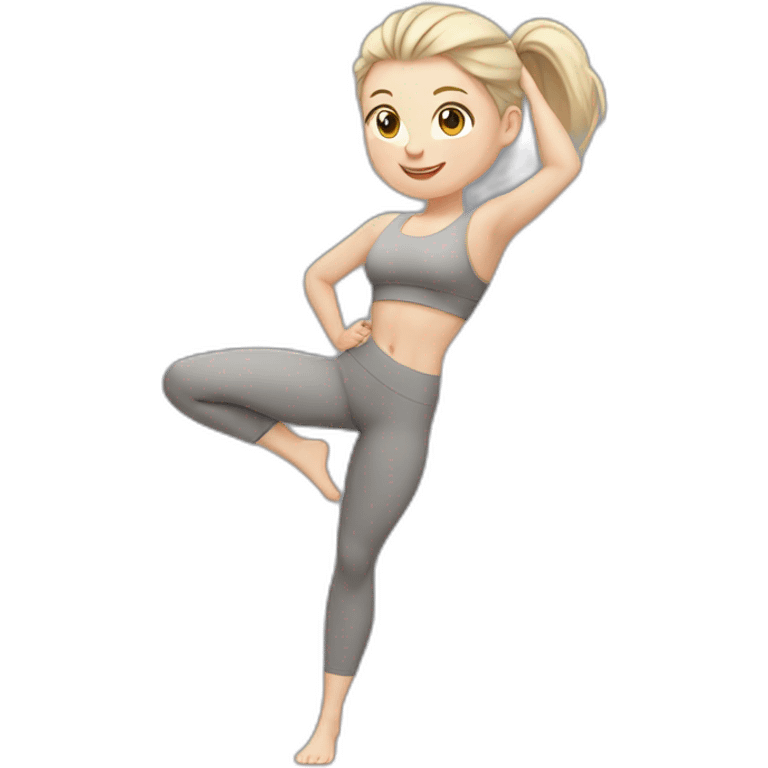 Pale skinned fit woman In a gray tight yoga suit With ash blonde hair in a ponytail doing yoga emoji