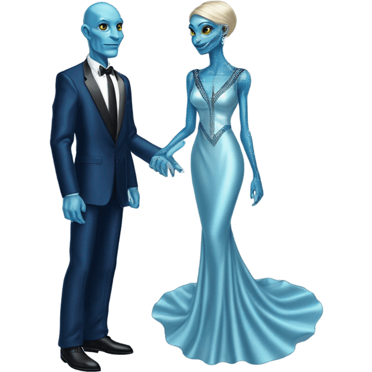 reptilian alien woman, in long slim pastel blue formal party satin dress with gradient shiny sparkling navy blue diamonds embroidered , and caucasian man in black dress emoji