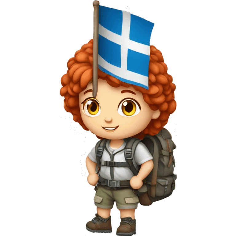 Female mountain climber red hair with Greek flag on backpack and holding Easter eggs basket emoji