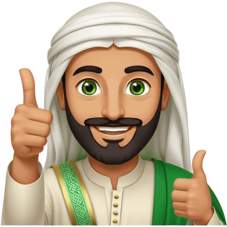 "Tanned Arab Saudi man with green eyes and a beard, wearing an agal and traditional attire, smiling happily and giving a big thumbs-up emoji