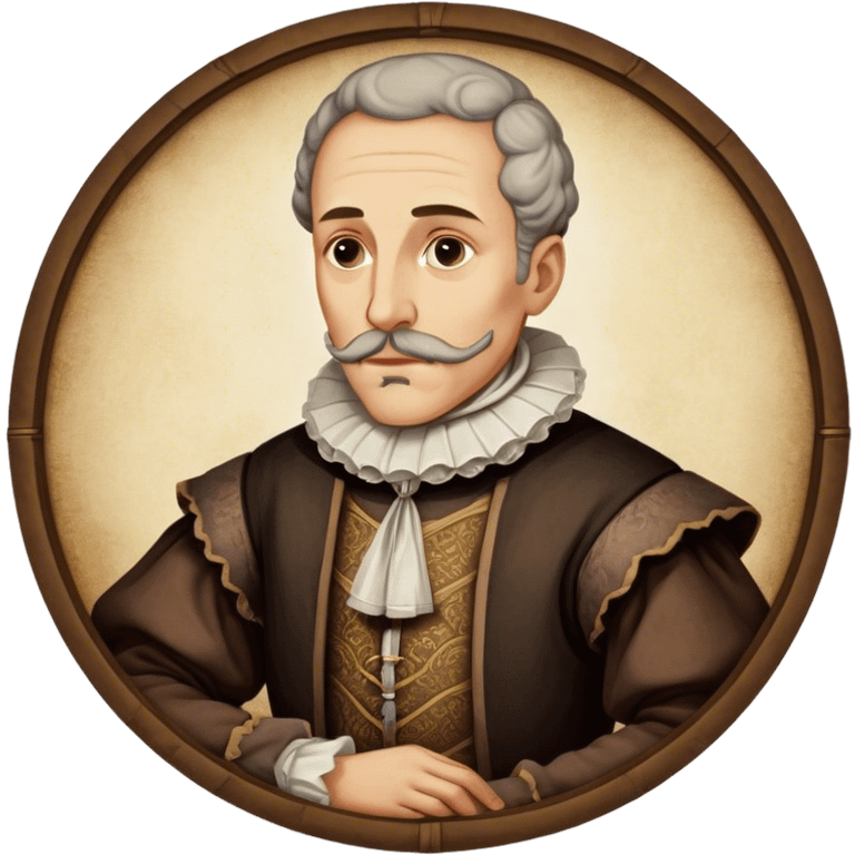 Cinematic Realistic Miguel de Cervantes Portrait Emoji, depicted as a wise thoughtful literary figure in period attire with a reflective gaze, rendered with detailed textures and soft historical lighting that captures his enduring literary legacy. emoji