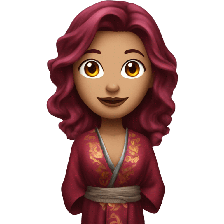 Beautiful tattooed burgundy long haired woman in silk robe emoji