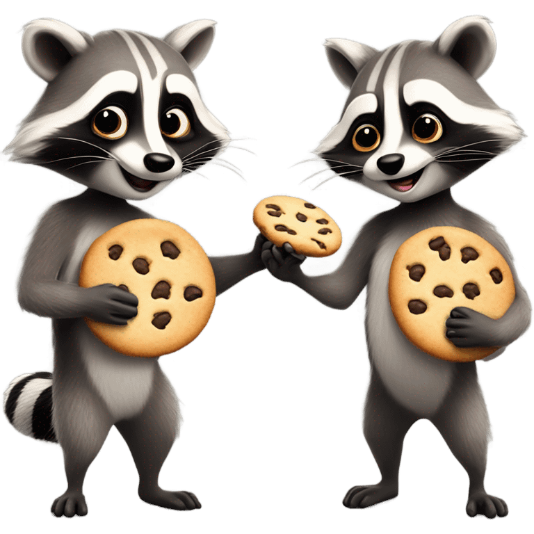 Two raccoons, one has a cookie and the other one does not have a cookie emoji