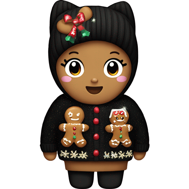 Hello kitty wearing black sweater with a glittery gingerbread embroidered on the sweater emoji