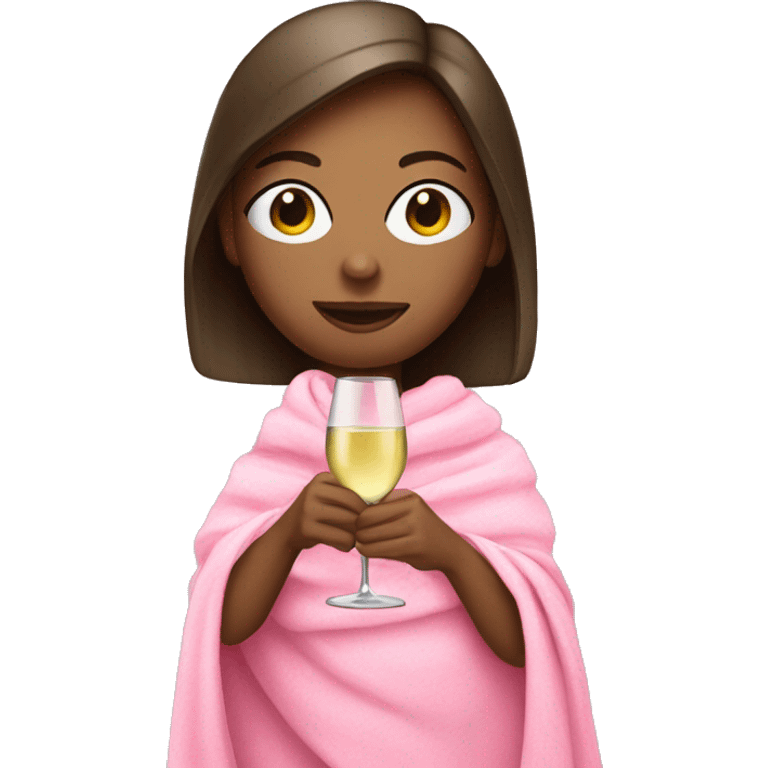 a girl with brunette hair and a glass of white wine wrapped in a pink blanket emoji