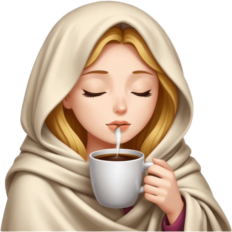 girl inside a blanket sipping coffee eyes closed emoji