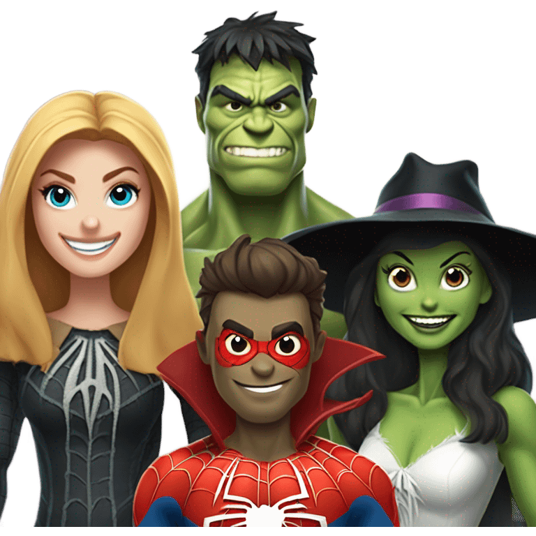 Spider-Man, the Hulk, the scarecrow from the Wizard of Oz and the witch from the Wizard of Oz together as a family emoji