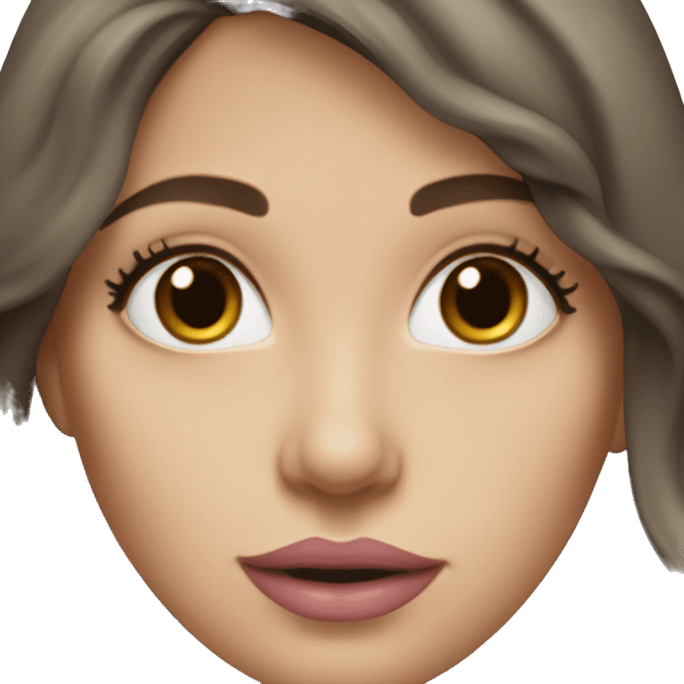 white woman with long dark brown hair, hair with some waves, black eyes, medium size lips, pinkish lips, small nose emoji