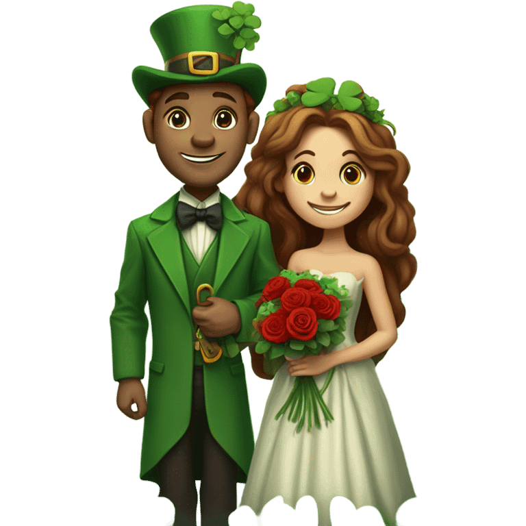 A tiny leprechaun giving red roses and clovers to a much taller brown haired queen emoji