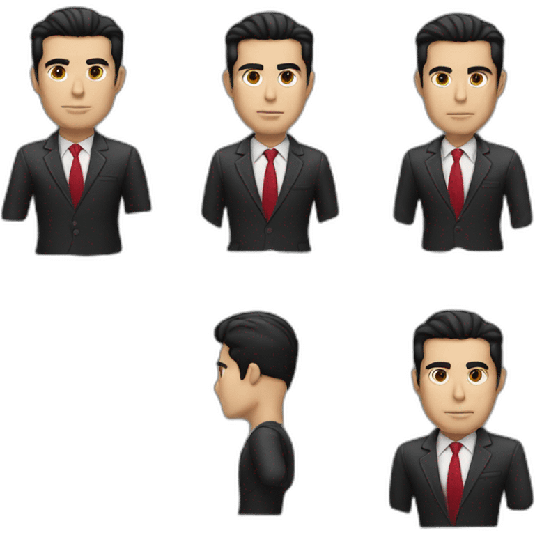 Boss, white skin, black hair, brown eyes, black jacket with red tie. speek with client emoji