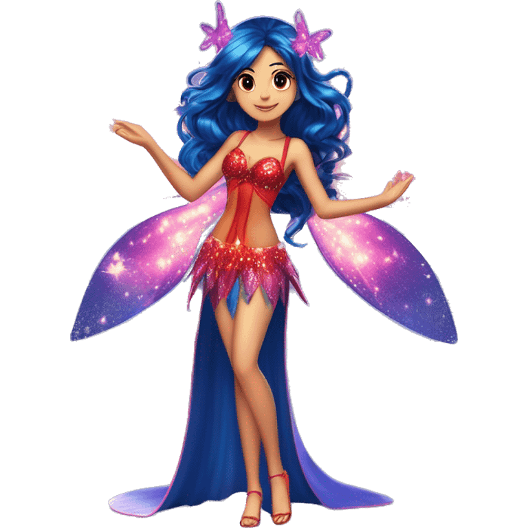 Musa asian adult fairy of music in her enchantix fairy red sparkling two-piece clothing and fairy enchantix wings and long dark blue hair in pigtails from winx club. Lots of sparkles and fairydust. Full body pic and full fairy bliss emoji