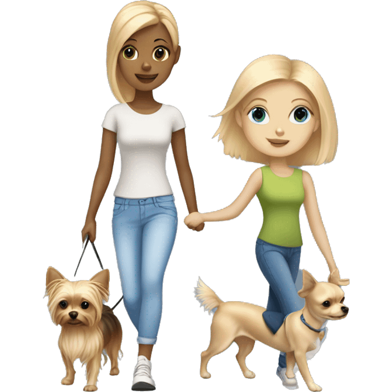 blonde hair blue eyed girl walking her chihuahua and yorkie emoji