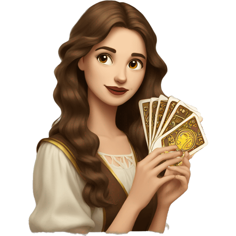 Brown hair beautiful girl with brown tarot gold cards emoji