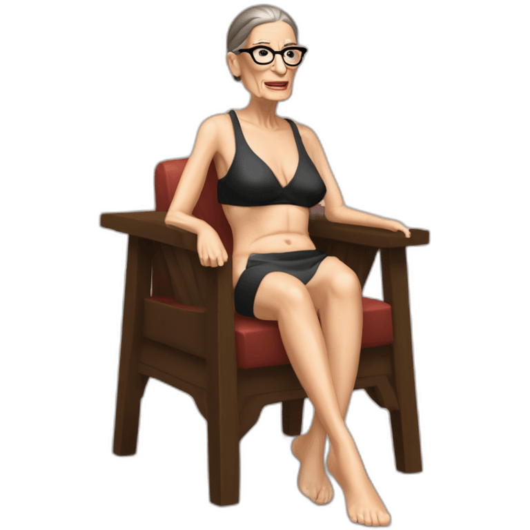 sexy ruth bader ginsburg wearing string bikini top and a skirt acting out that scene from basic instinct sitting facing forward legs apart(full body, ios17, sitting legs spread apart) emoji