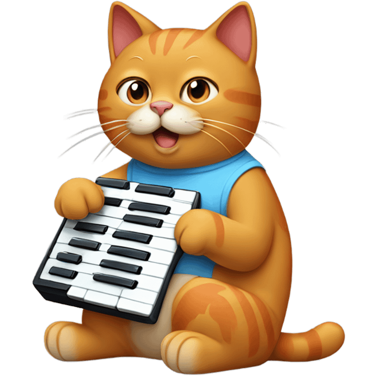 tan-red cat wearing a light-blue t-shirt taps musical keyboard emoji