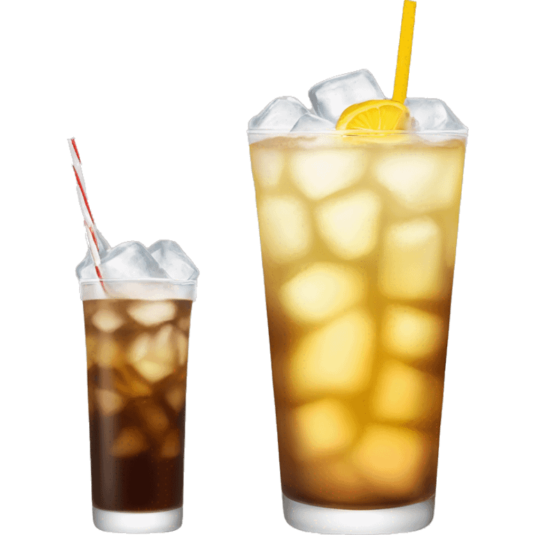 a tall and thin highball cocktail with 2 colors, brown on the bottom and light yellow on top with crush ice and a straw emoji