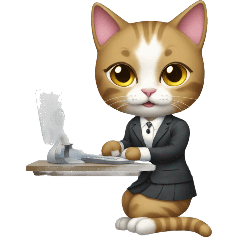  female cat in a dress suit working on a computer emoji