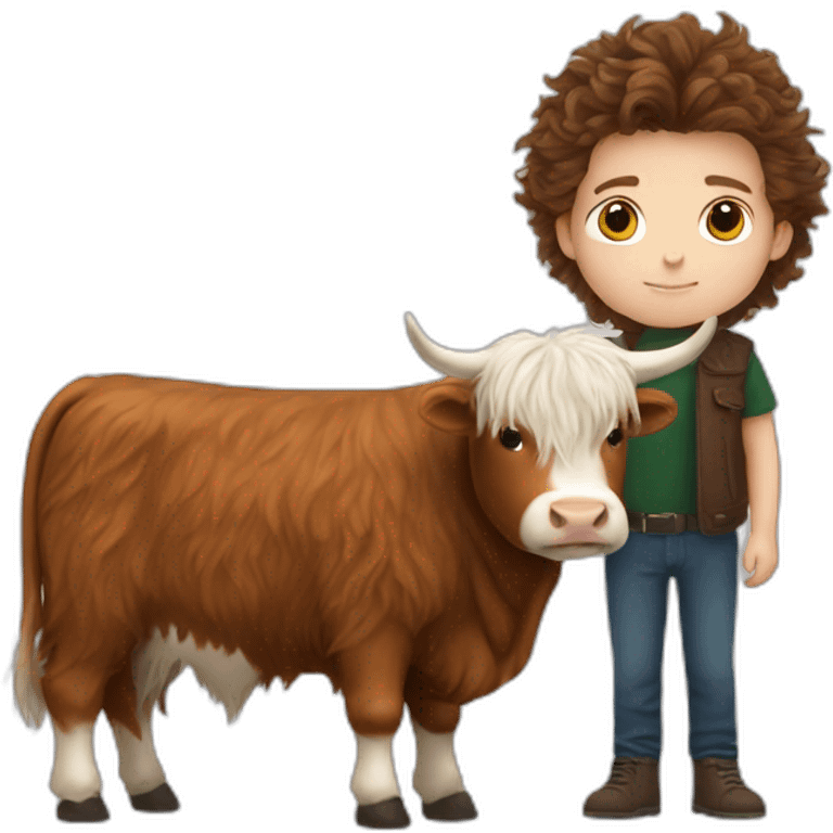 White brunette boy with fluffy highland cow emoji