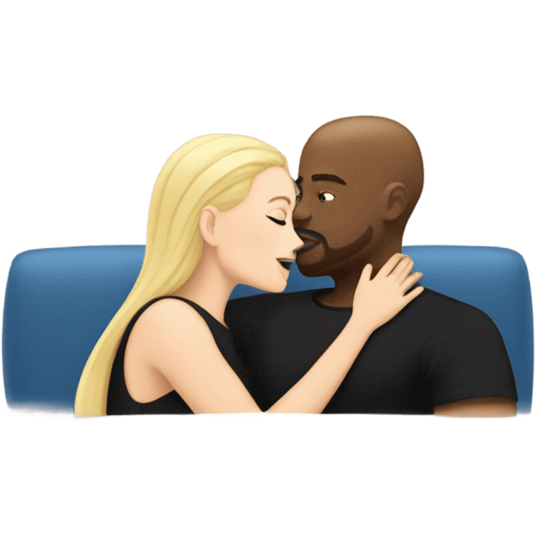 Blonde woman with blue eyes and long straight hair wearing a short black dress and a black man who is bald with a goatee seated together on a sofa enjoying a loving kiss.   emoji