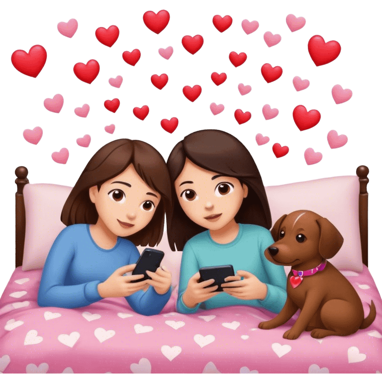 A girl with dark brown hair, layed on her bed with her dog, who who is medium brown playing on her phone with her boyfriend with her PlayStation laying beside of her heart is flying all around emoji