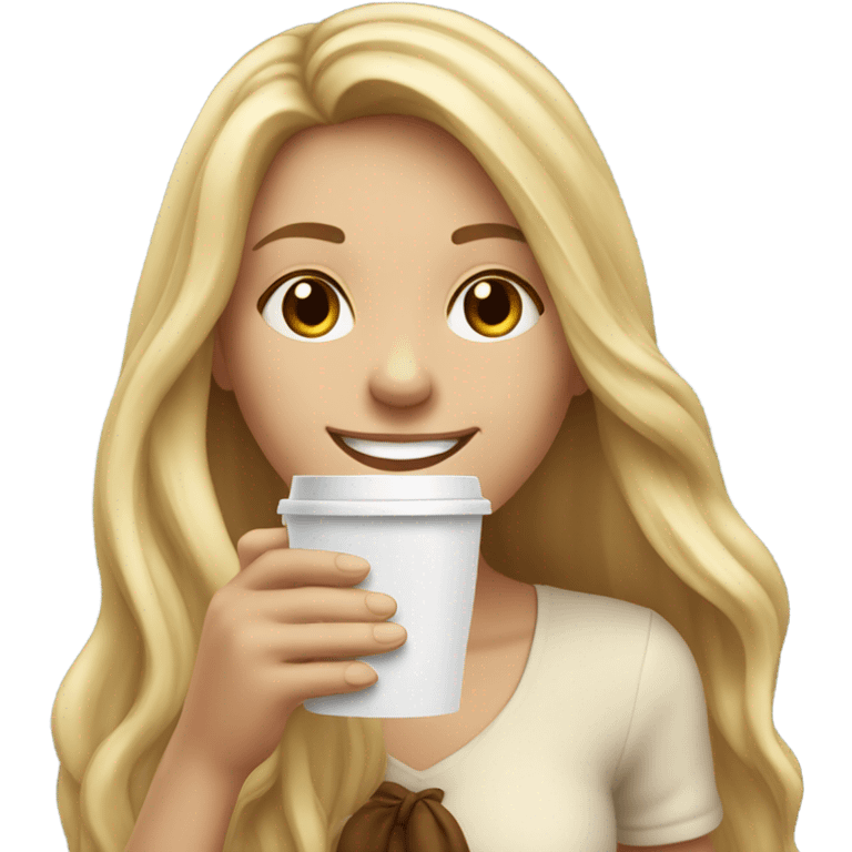 Long haired blonde girl drinking a cup of coffee smiling  emoji