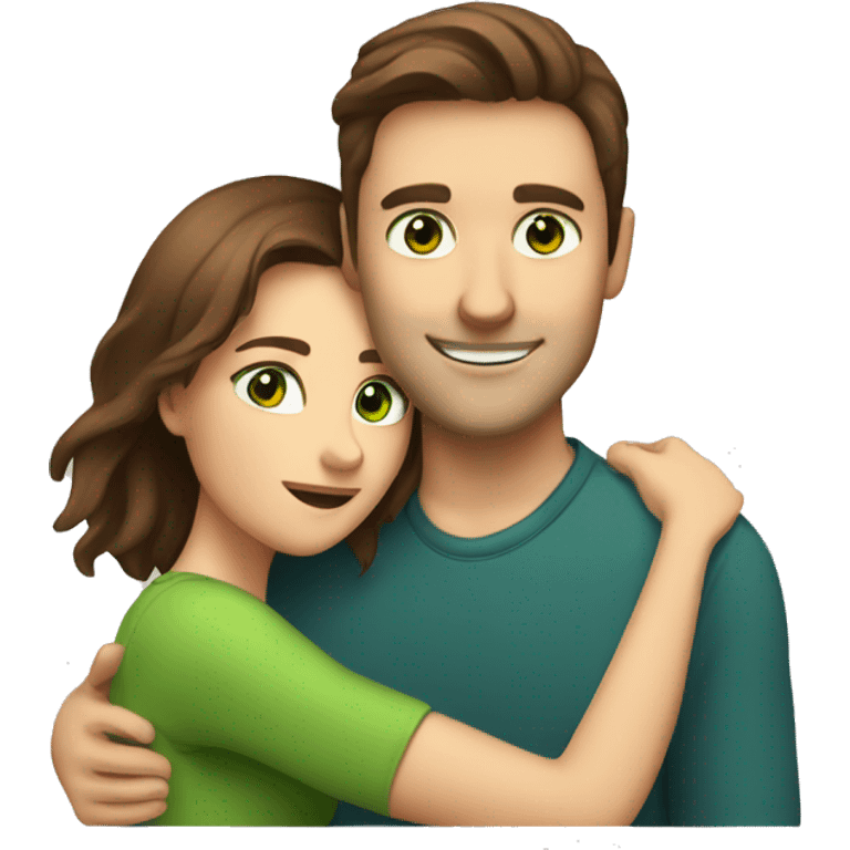 Man with brown hair and green eyes  hugs woman with brown hair and brown eyes emoji