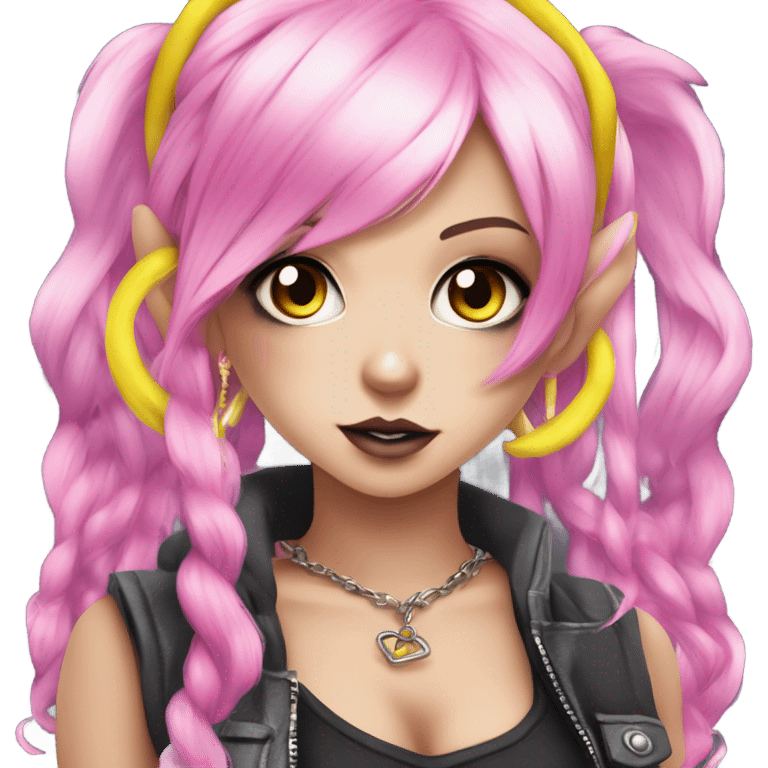 Blue eyed pale hime gyaru girl, hot pink and yellow split-dyed hair, nose ring, elf ears, dark makeup, punk clothes emoji