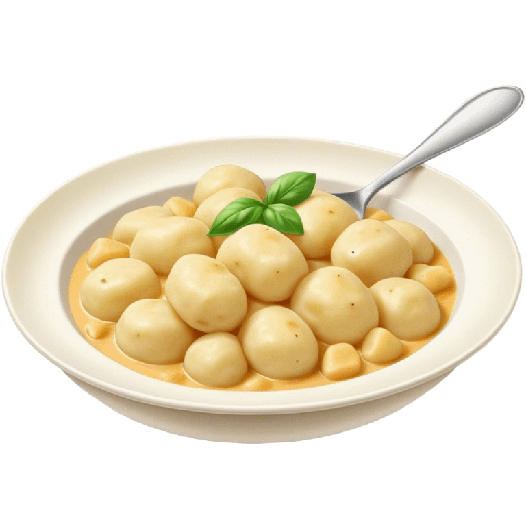 Cinematic Realistic Gnocchi Dish Emoji, showcasing tender potato dumplings in a light sauce rendered with soft textures and inviting, natural lighting. emoji