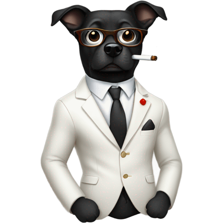 Black Dog wearing white blazer and glasses. He is smoking emoji