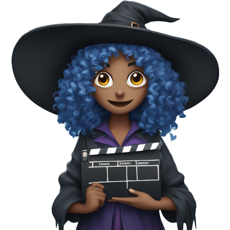 blue-curly-haired witch with a clapperboard in her hands emoji